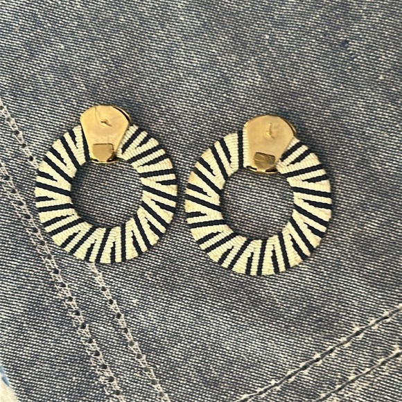 Gold and Blue Striped Hoop Earrings Vintage Estate Sale - Picture 3 of 5